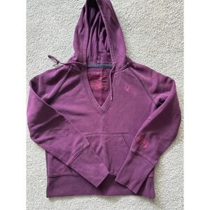 Vintage American Eagle Womens V Neck Hoodie Pullover Sweatshirt Plum Y2K‎ 2000s